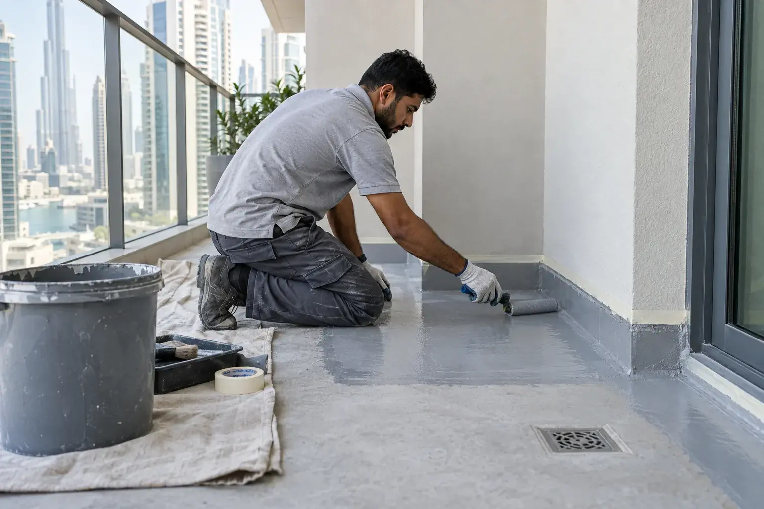 Male technician applying waterproofing treatment to a prepared Dubai balcony surface