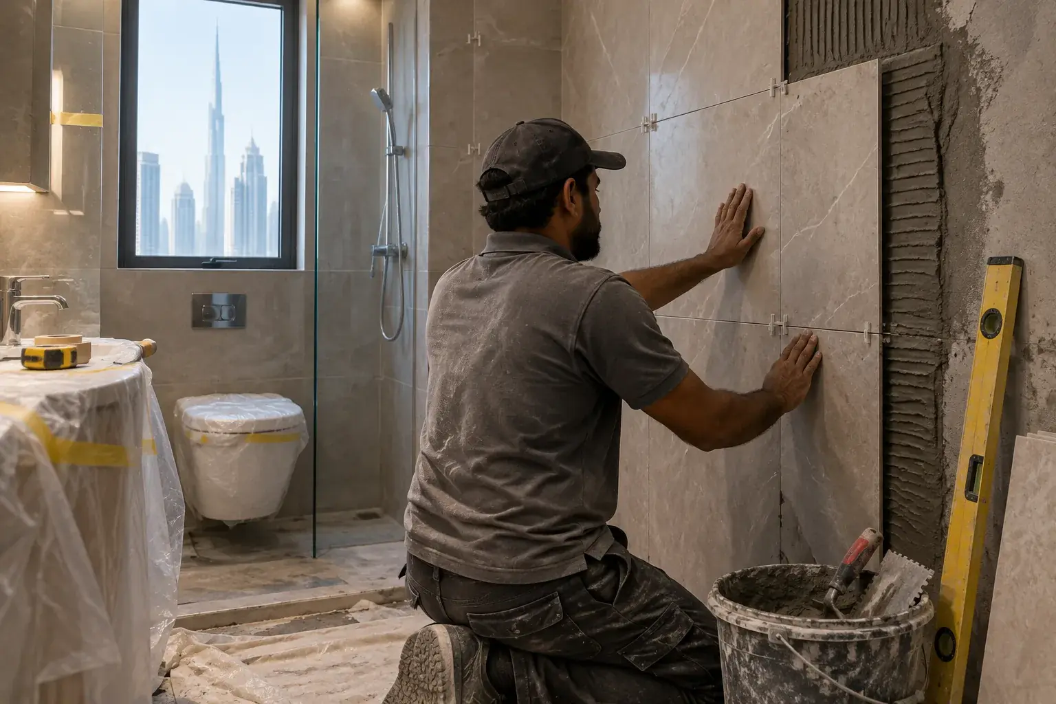 Male renovation worker fitting wall tiles in a Dubai bathroom