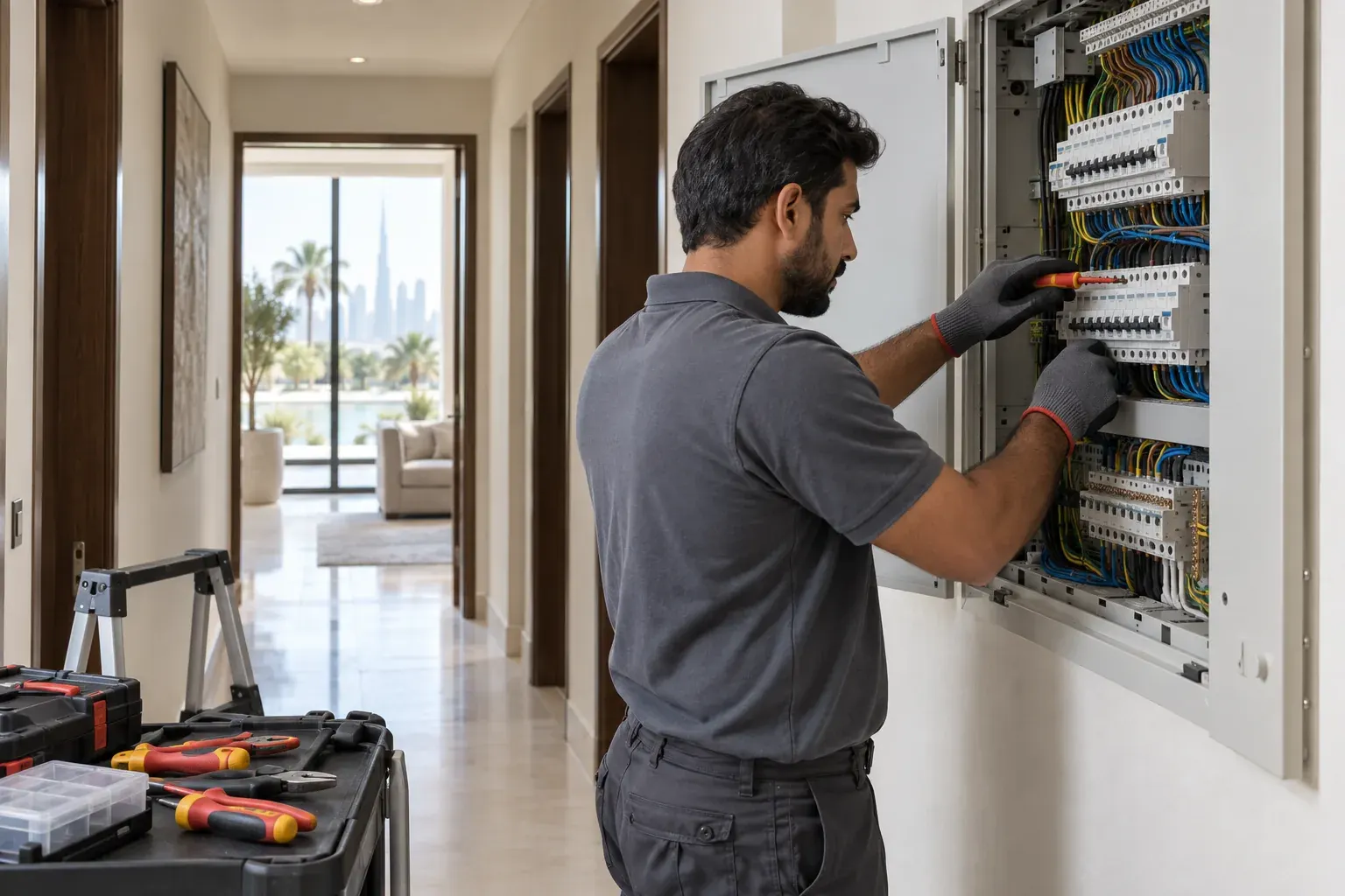 Male electrician working on a controlled residential DB board upgrade in Dubai