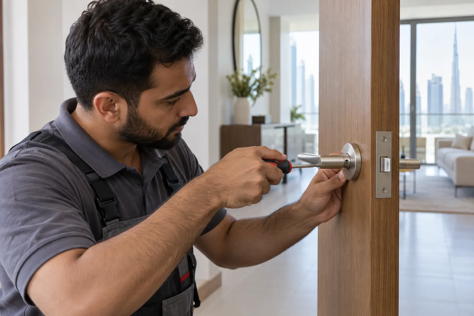 Male handyman adjusting a door handle and lock mechanism in a Dubai home