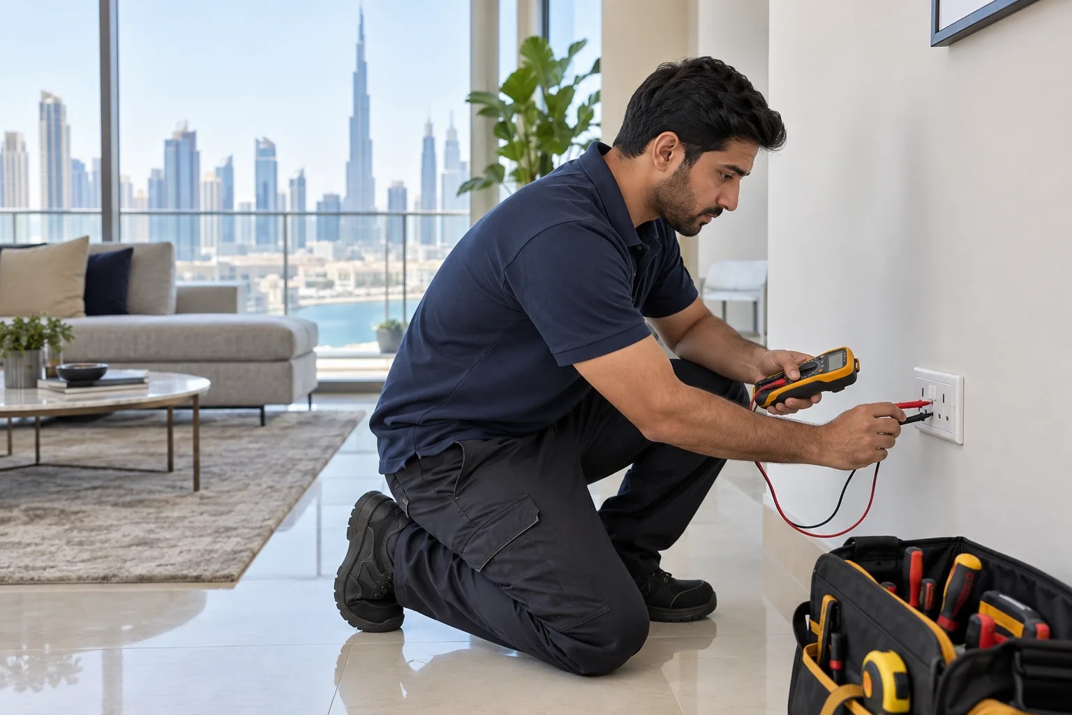 Male electrician safely testing a wall socket during an electrical inspection in Dubai