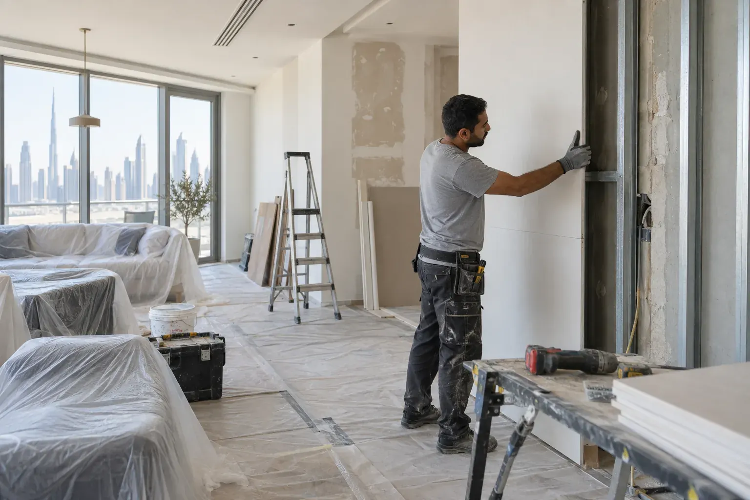 Male renovation worker installing interior wall panels in a Dubai home