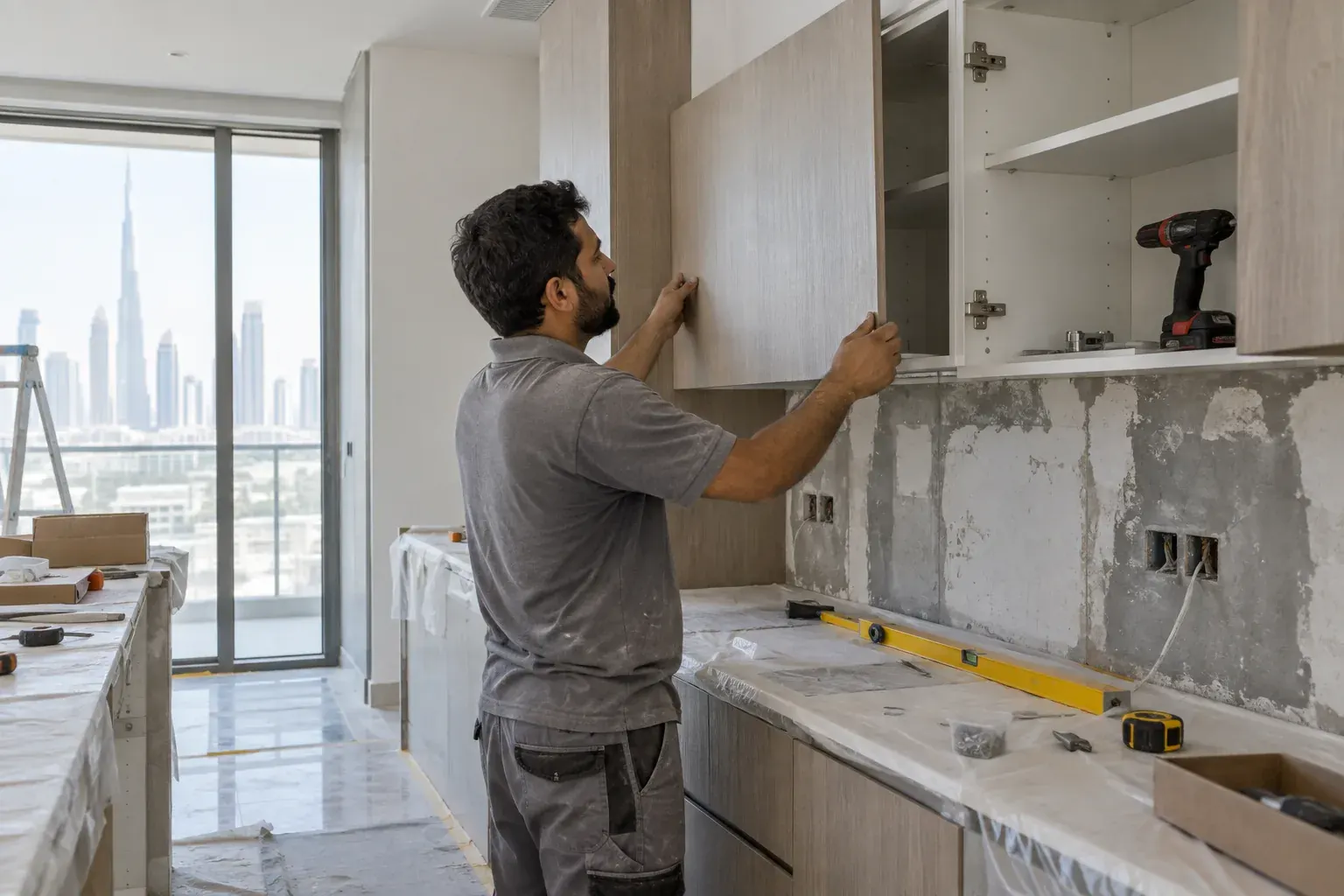 Male installer fitting cabinetry during a kitchen renovation in Dubai