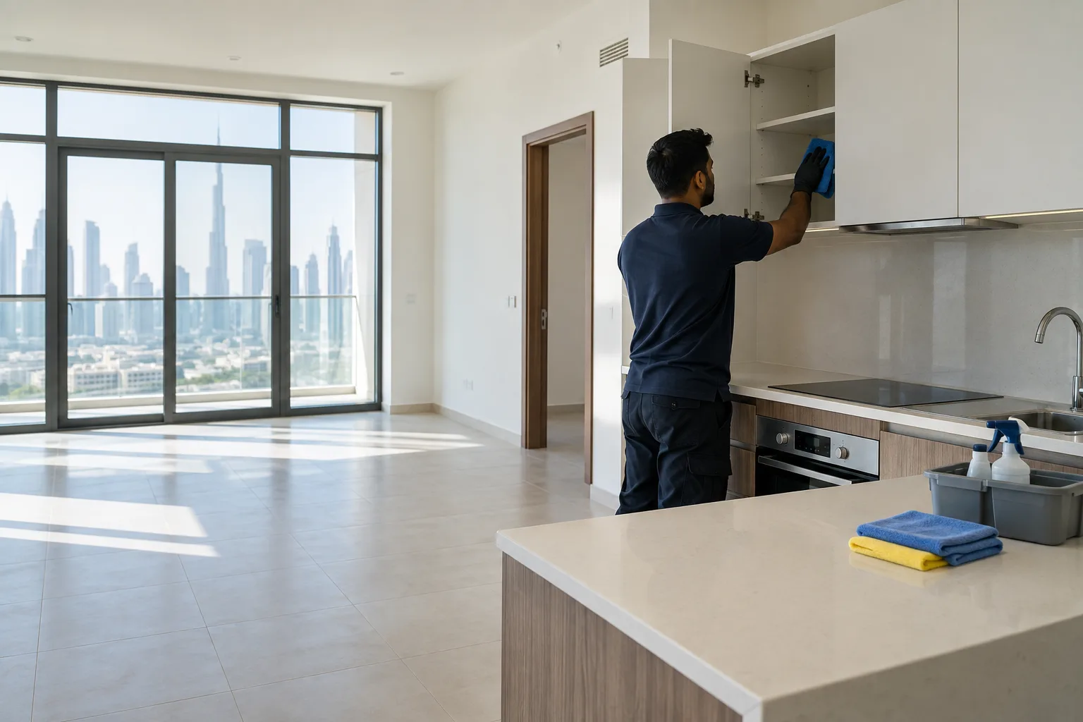 Male cleaner wiping empty kitchen cabinets during move-in cleaning in Dubai