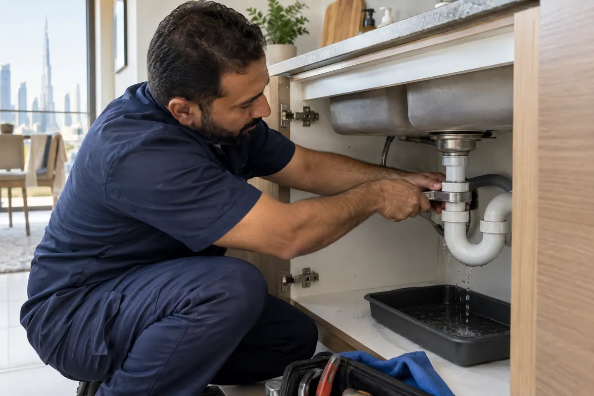Male plumber repairing a leaking pipe joint beneath a kitchen sink in Dubai