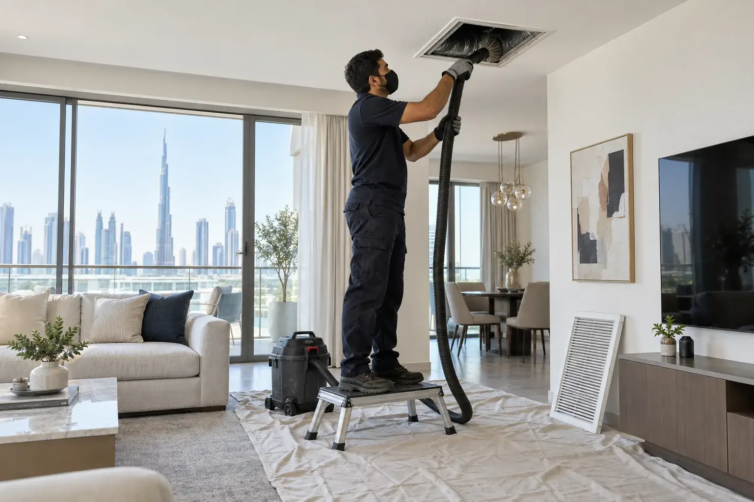Male technician cleaning a residential ceiling AC duct through an open vent in Dubai