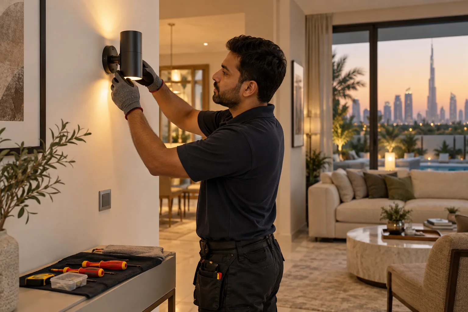 Male electrician installing a wall light fitting in a Dubai home
