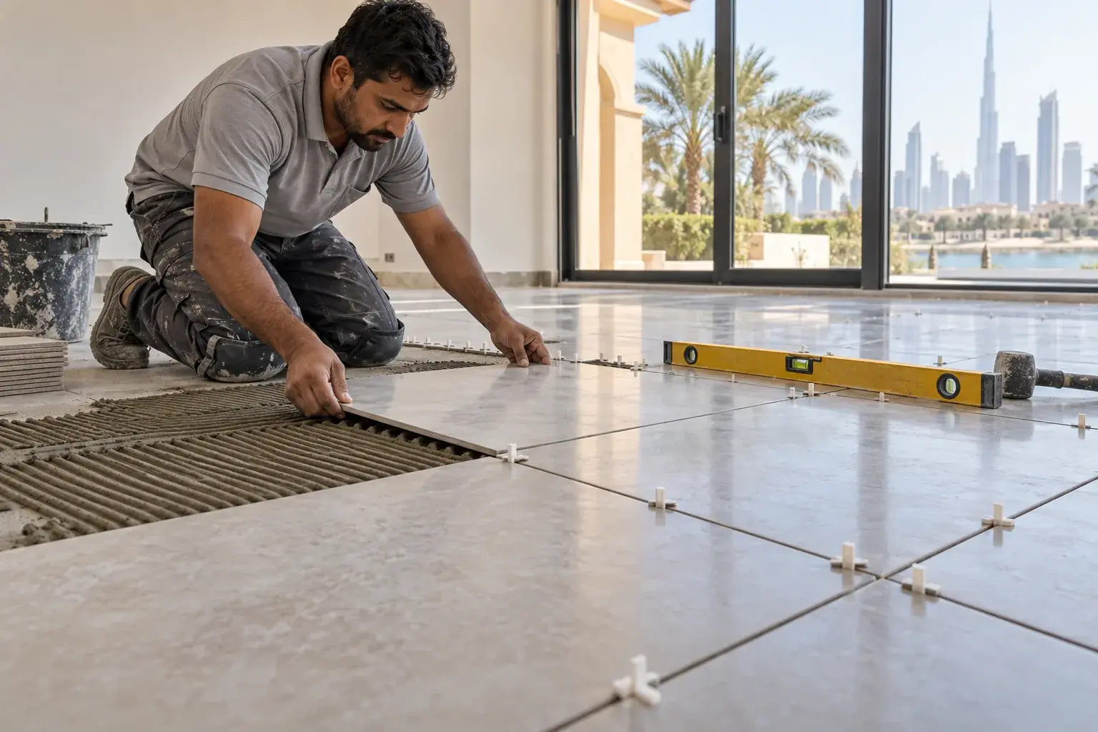 Male tiler laying ceramic floor tiles in a Dubai home