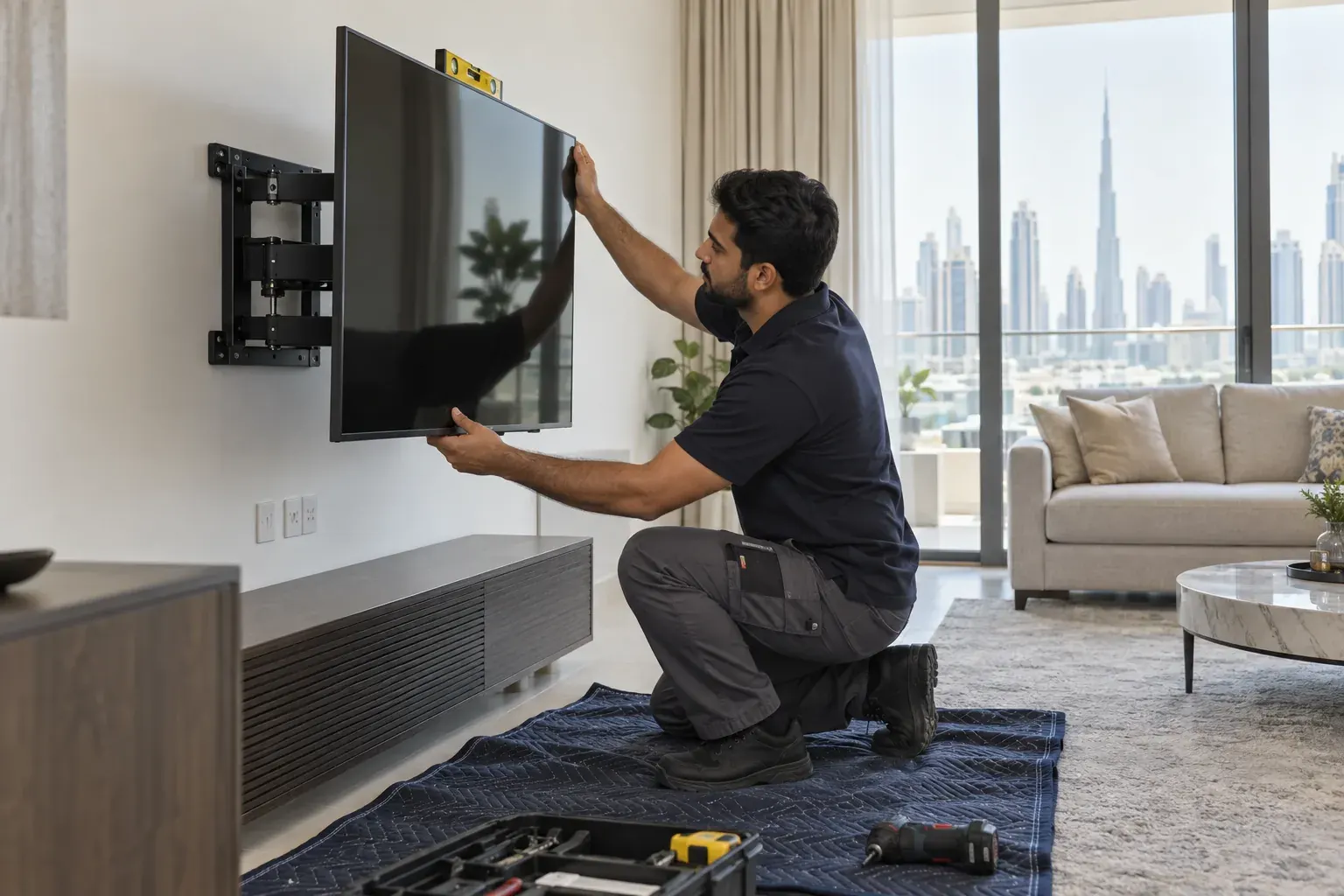 Male handyman positioning a television on a wall bracket in a Dubai home