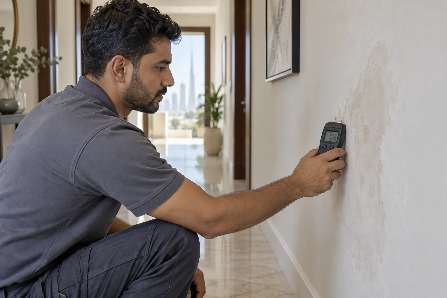 Male technician using a moisture meter to inspect a damp wall in a Dubai home