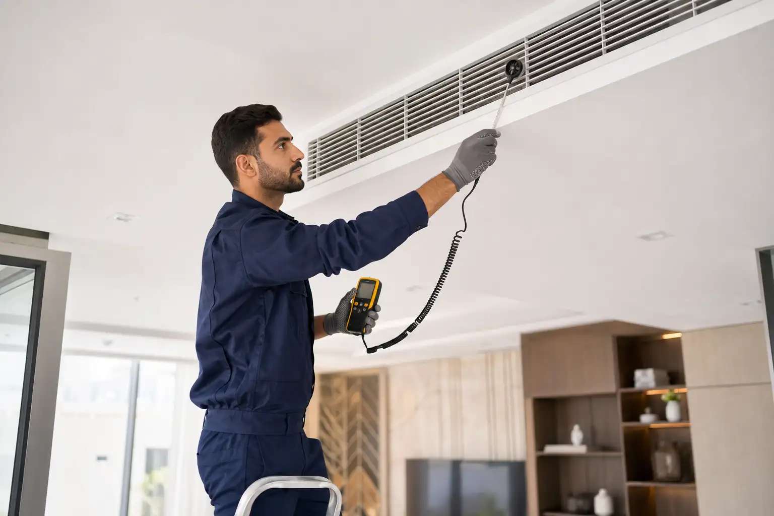 AC technician measuring airflow at a ceiling vent in a Dubai home