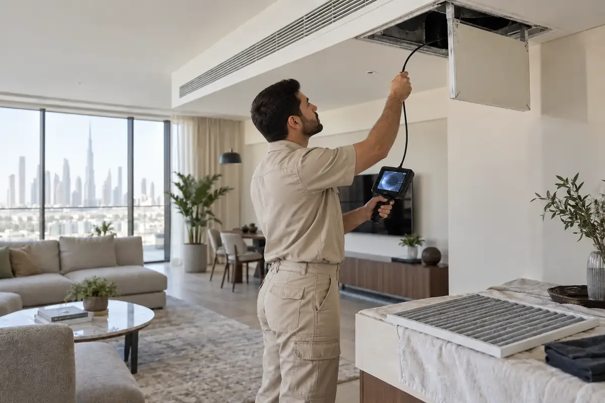 Male AC professional inspecting ceiling ductwork while a removable AC filter rests nearby