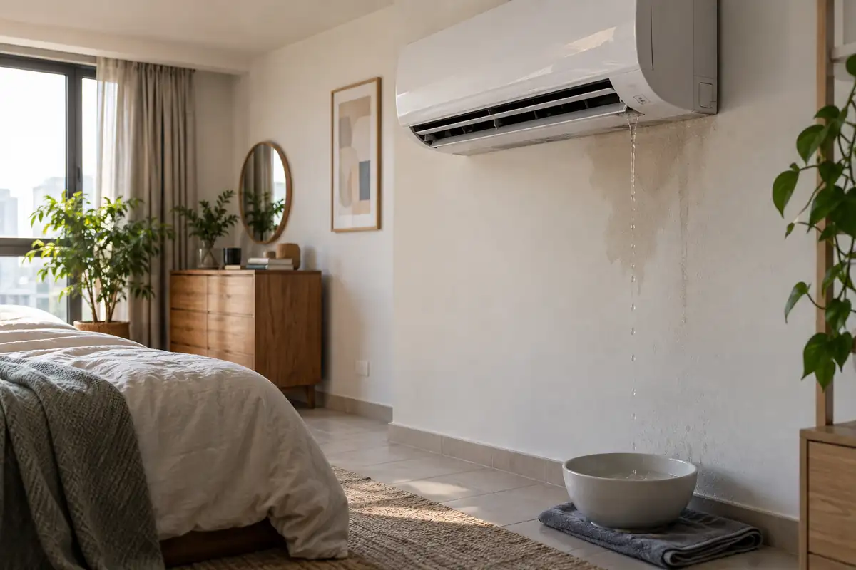 Water dripping from an indoor split AC into a bowl inside a Dubai bedroom