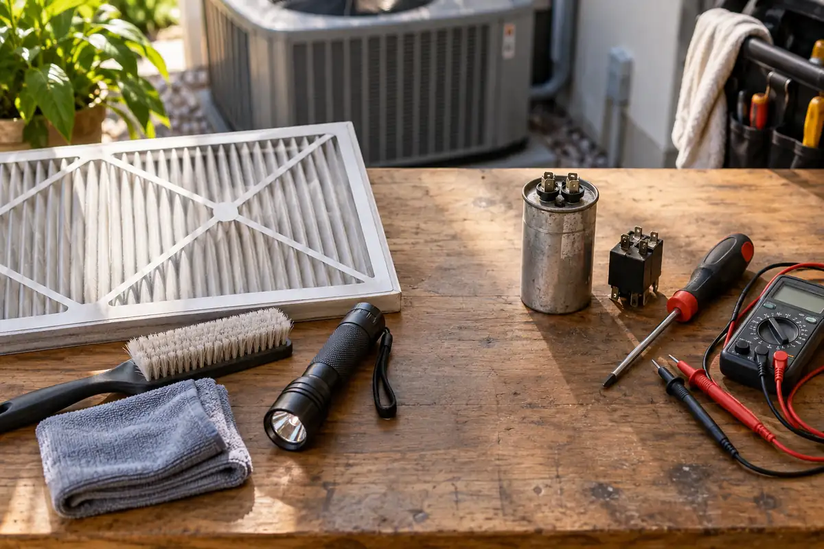 AC maintenance filter and cleaning tools beside AC repair components and diagnostic equipment
