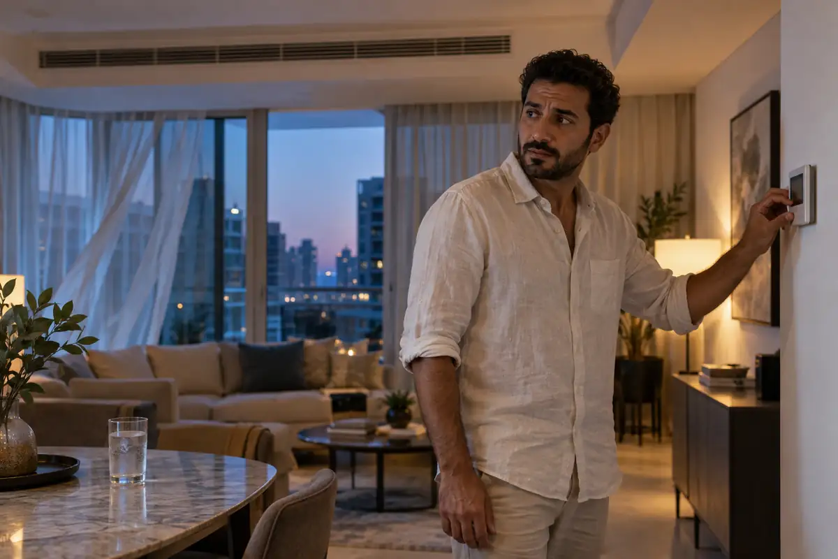 Dubai homeowner checking the thermostat while the AC runs without cooling the room