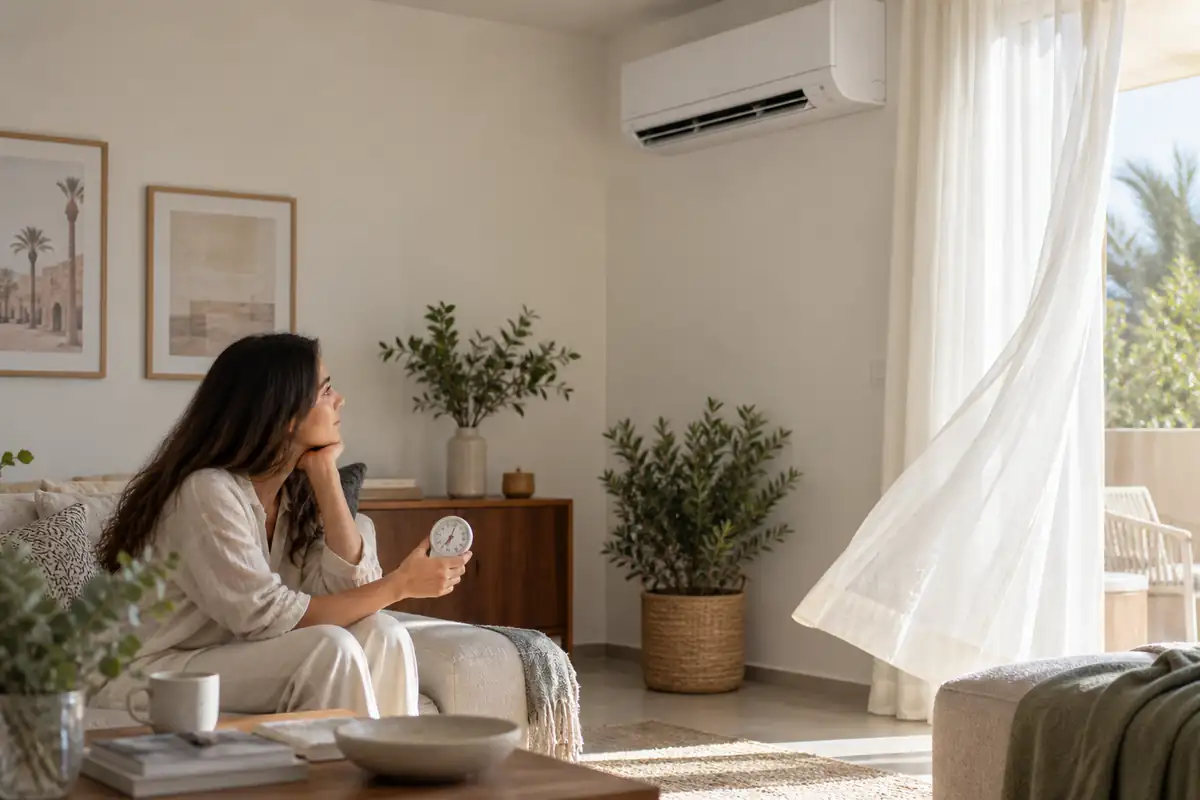 Dubai homeowner observing AC airflow while holding an analog room thermometer
