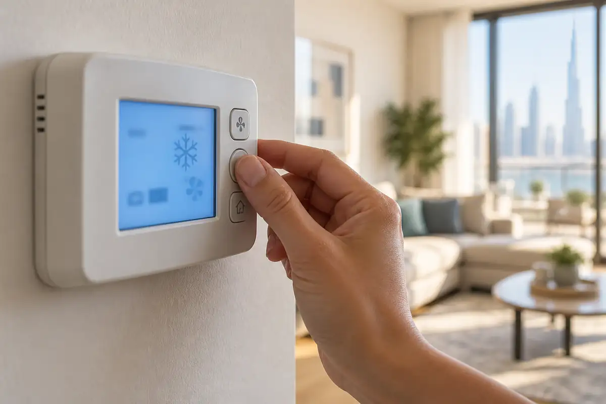 Homeowner adjusting a wall thermostat to cooling mode in a Dubai apartment