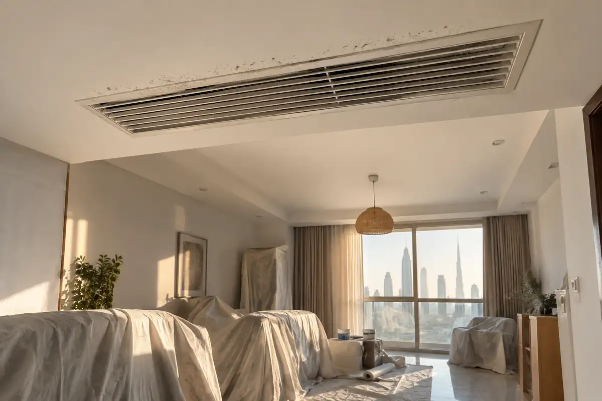 Fine renovation dust around a ceiling AC vent in a recently renovated Dubai apartment