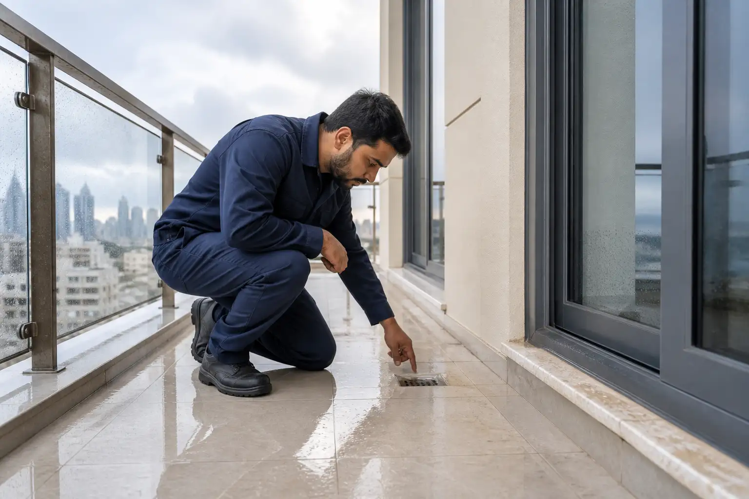 Technician inspecting a balcony drain and waterproofed surfaces after rain in Dubai