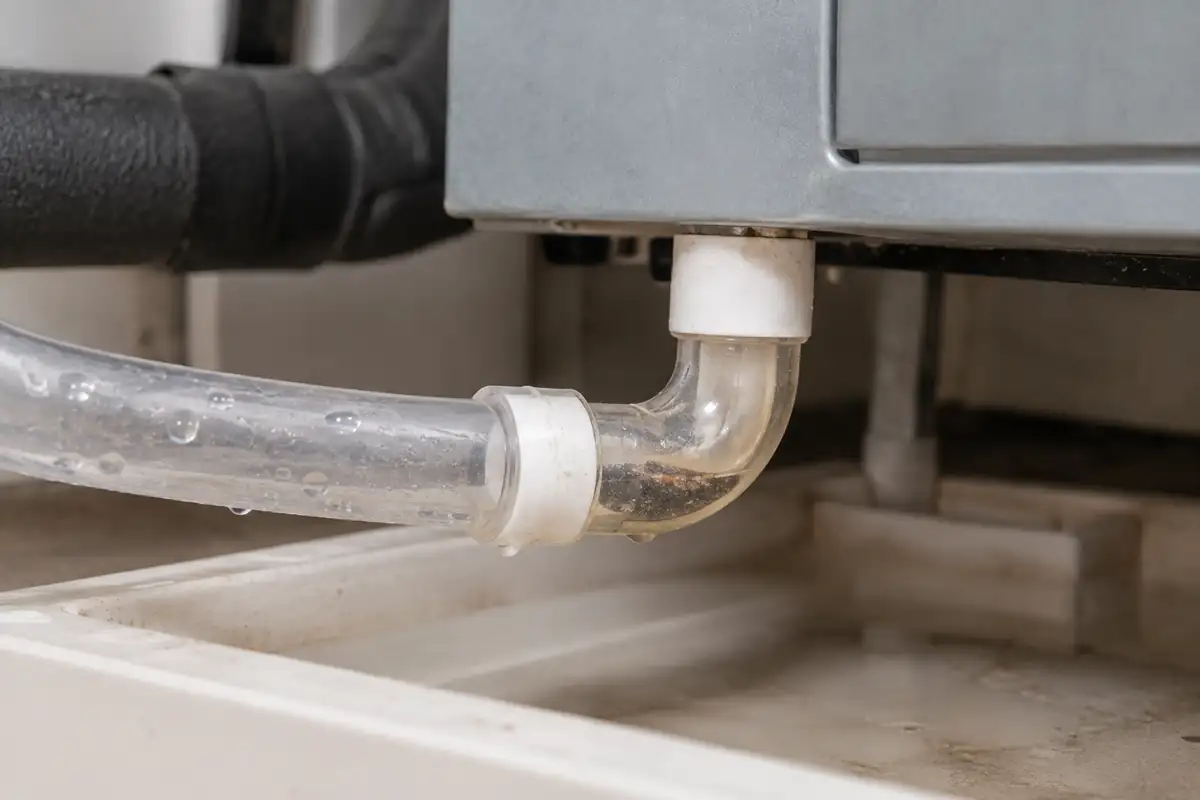 Condensation droplets and buildup inside a residential AC drain-line bend