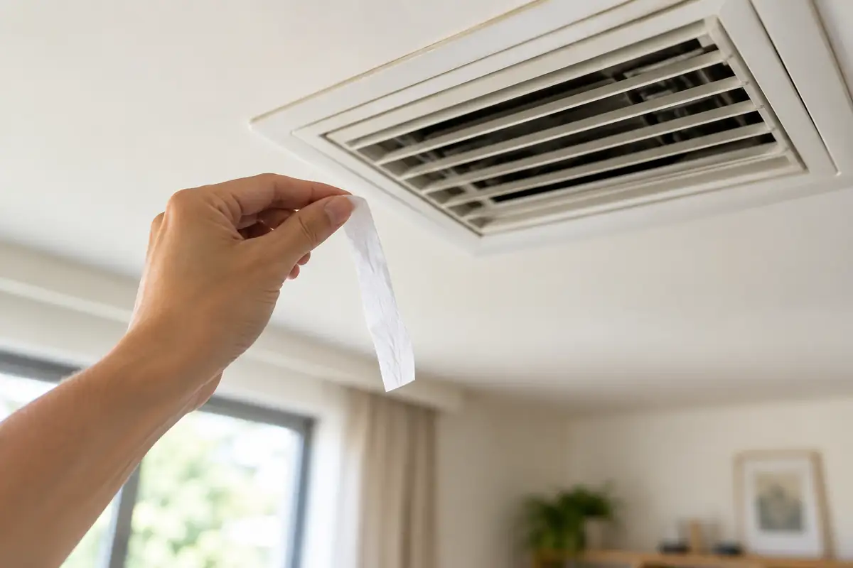 Homeowner using a tissue strip to check weak airflow from a ceiling AC vent