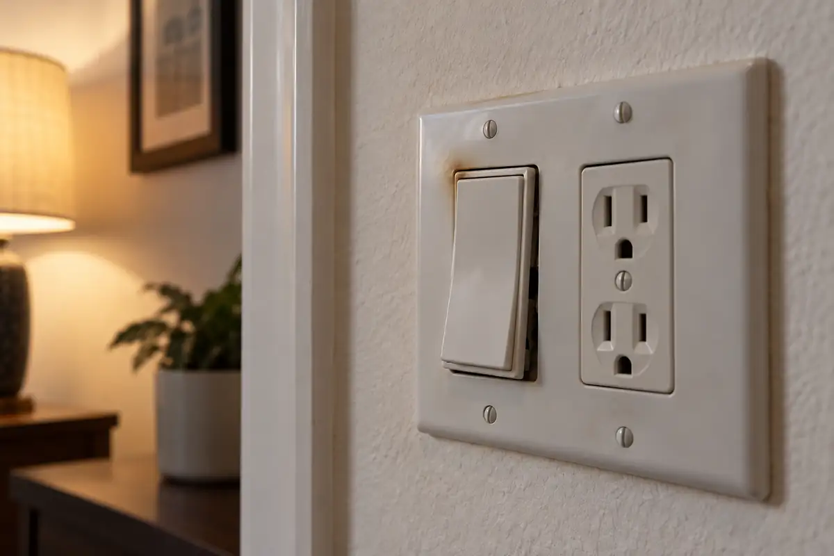 Loose wall switch plate with slight heat discoloration in a Dubai home