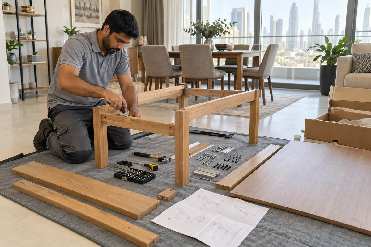 Male handyman assembling flat-pack wooden furniture on a protective mat in a bright Dubai apartment