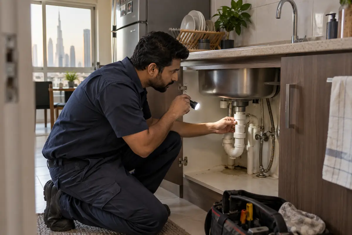 Male plumber inspecting pipe connections beneath a kitchen sink in a Dubai apartment