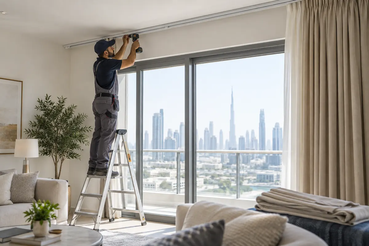Male handyman installing a ceiling-mounted curtain track from a stable platform ladder in a bright Dubai apartment