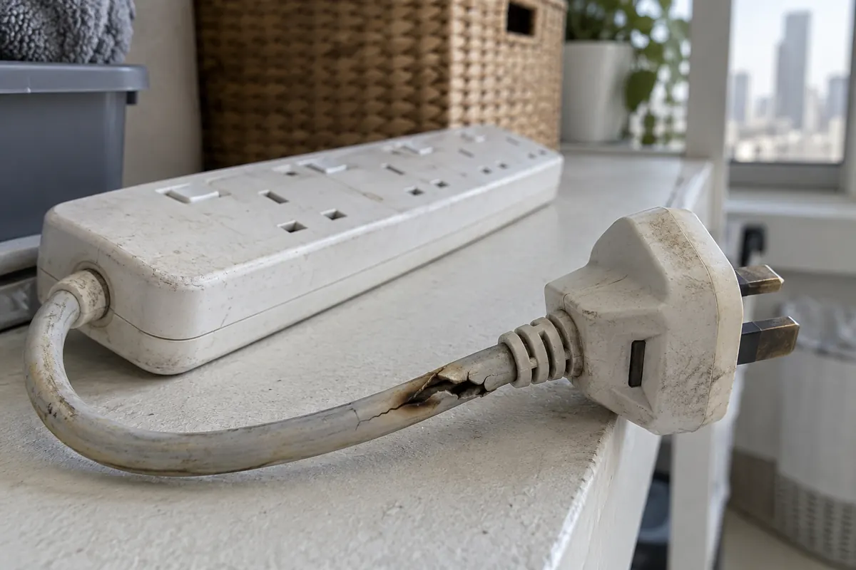 Unplugged household power strip with cracked cord insulation and a visibly damaged plug in a Dubai apartment