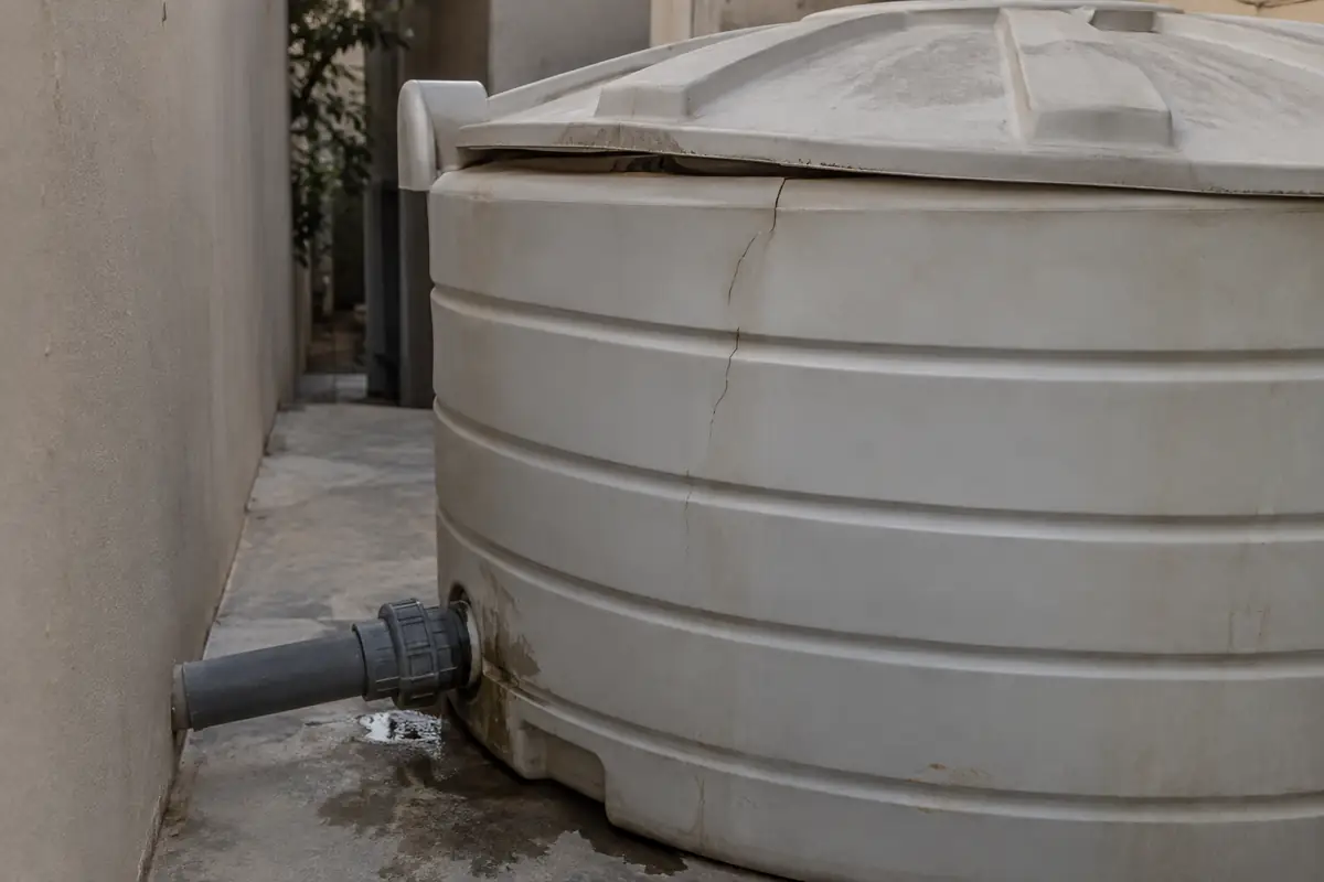 Misaligned water-tank cover, narrow surface crack and external dampness near a lower pipe connection