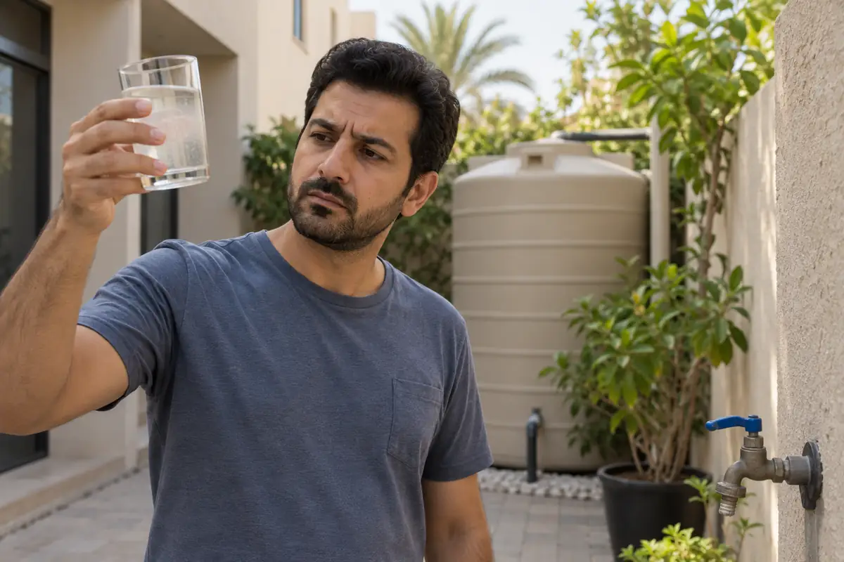Dubai homeowner examining a glass of cloudy water beside an outdoor residential water tank