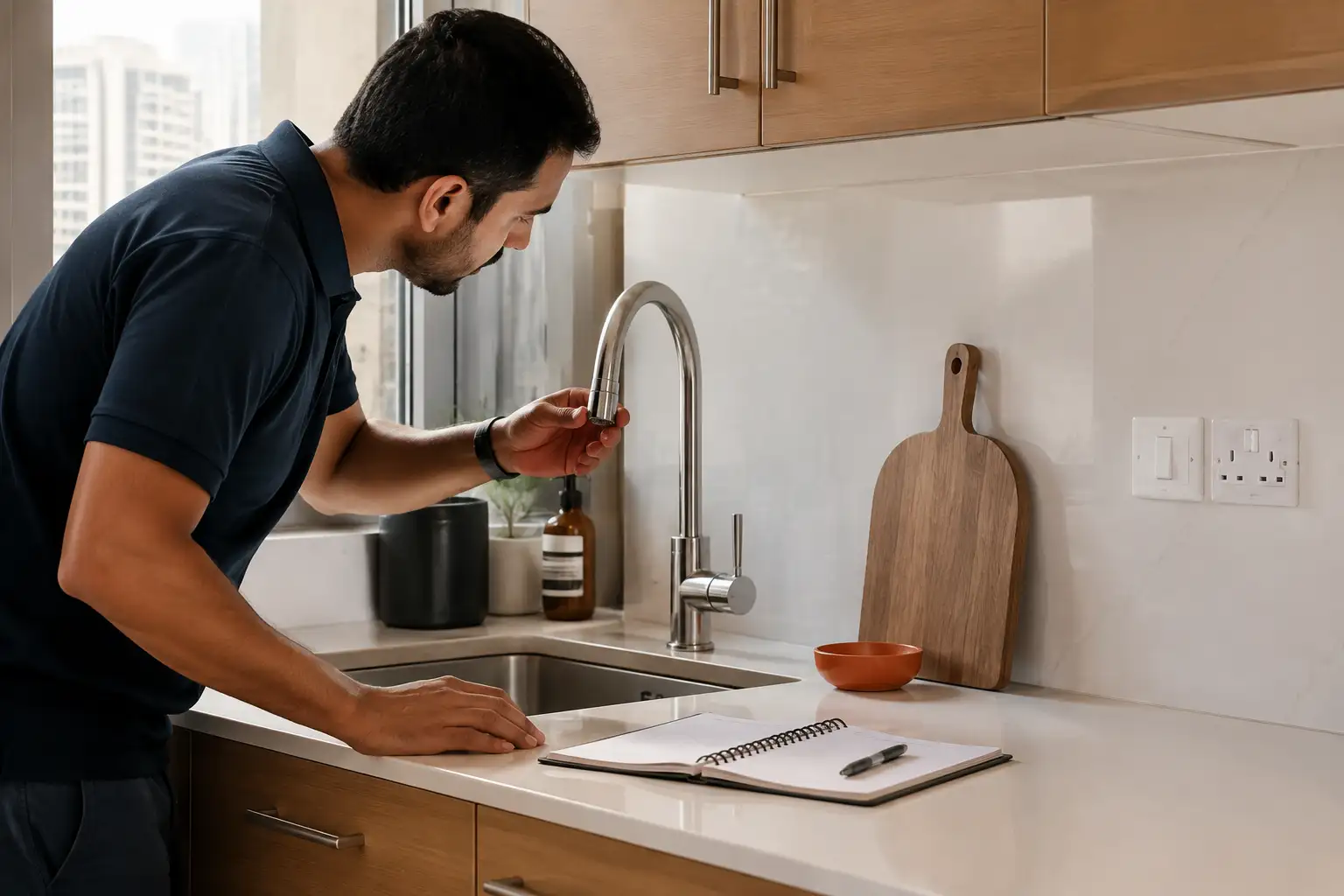 Technician checking a kitchen tap during a Dubai home maintenance inspection