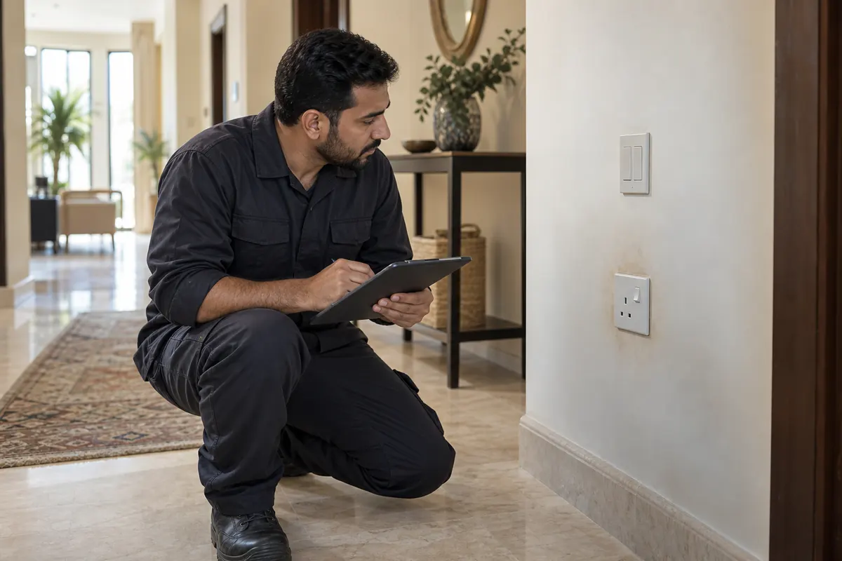 Male electrician safely observing a discolored wall socket in a Dubai home without opening the fitting