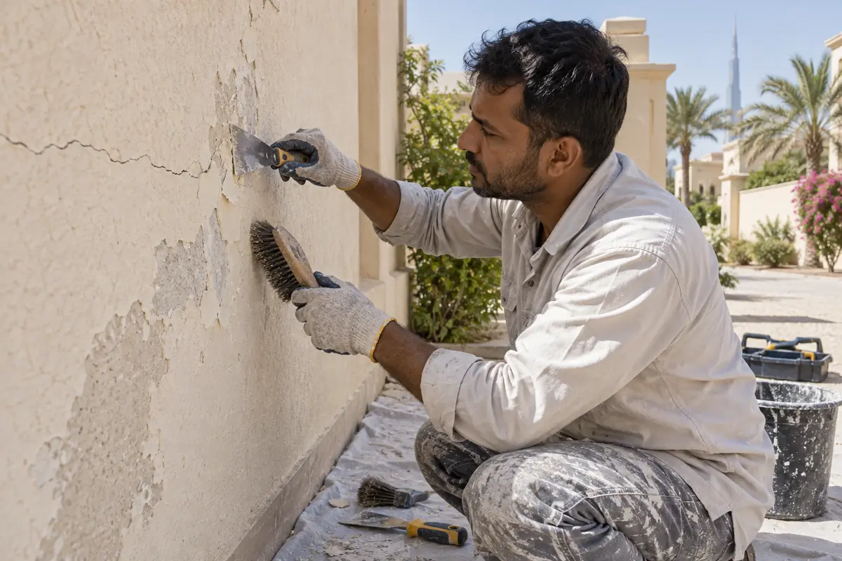 Male painting professional scraping loose coating and brushing a weathered exterior villa wall in Dubai before repainting
