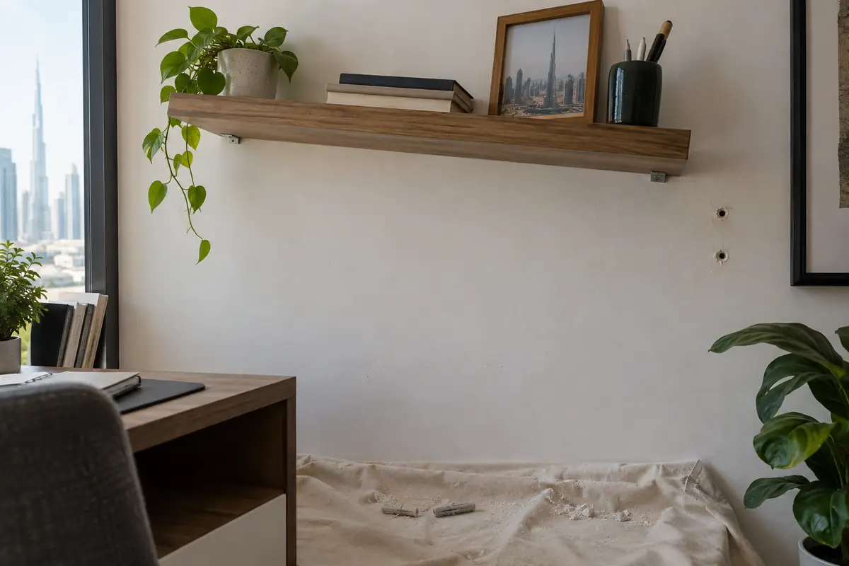 Uneven floating shelf with unused drill holes and loose wall plugs after a failed DIY installation in a Dubai home