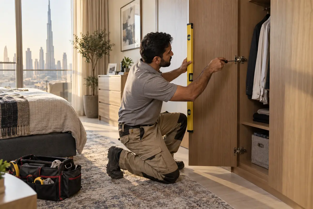 Male professional handyman using a spirit level while adjusting a wardrobe door hinge in a Dubai bedroom