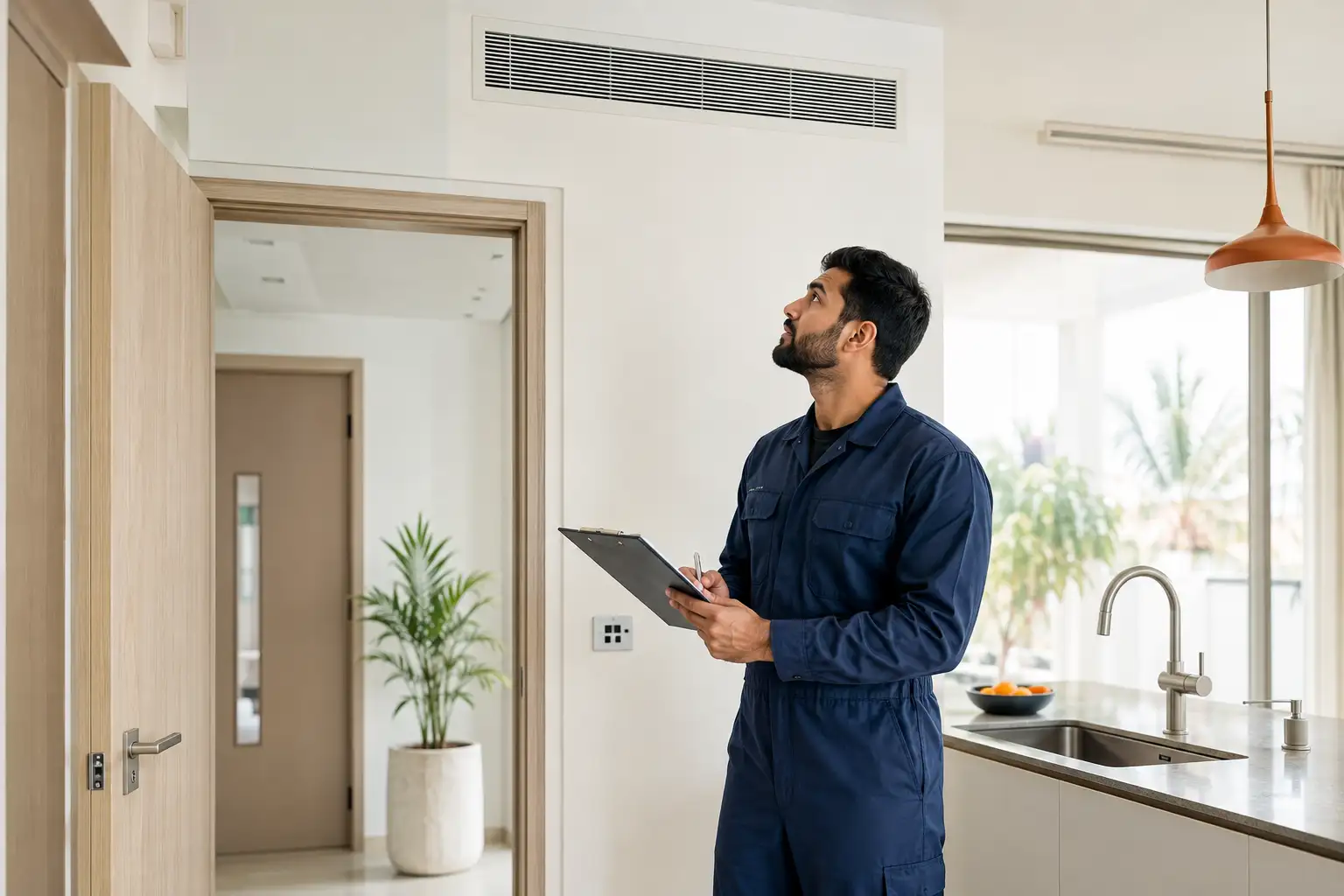 Home maintenance technician inspecting an air conditioning vent inside a modern Dubai home