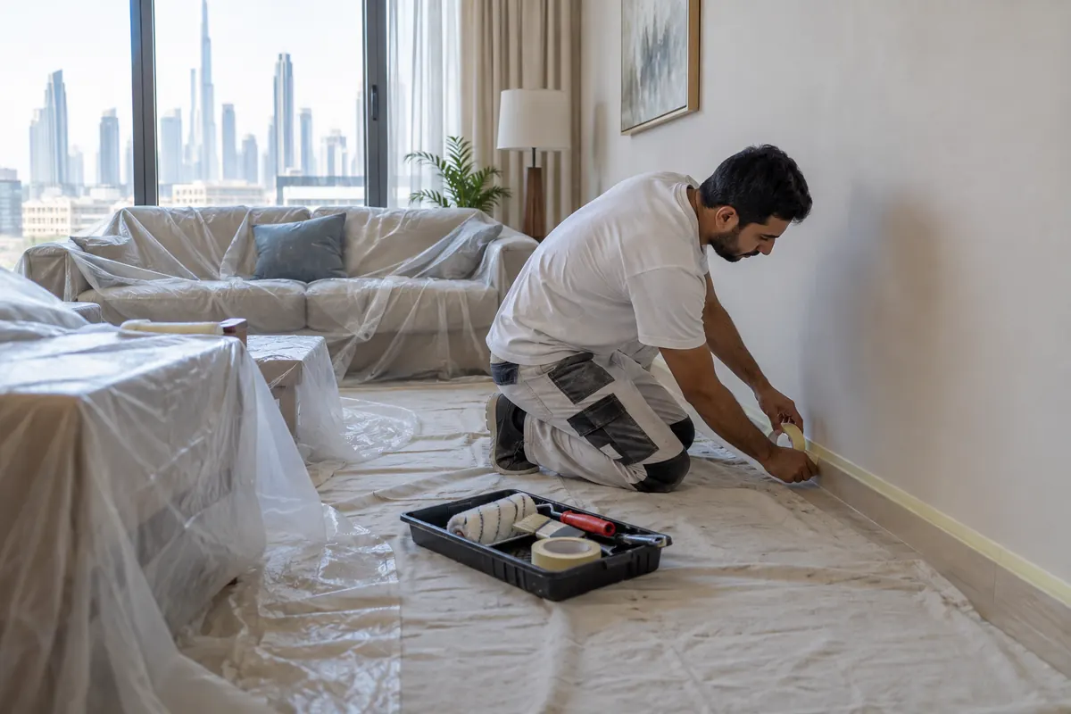 Male painting professional masking a skirting board while protecting furniture and floors in a Dubai apartment