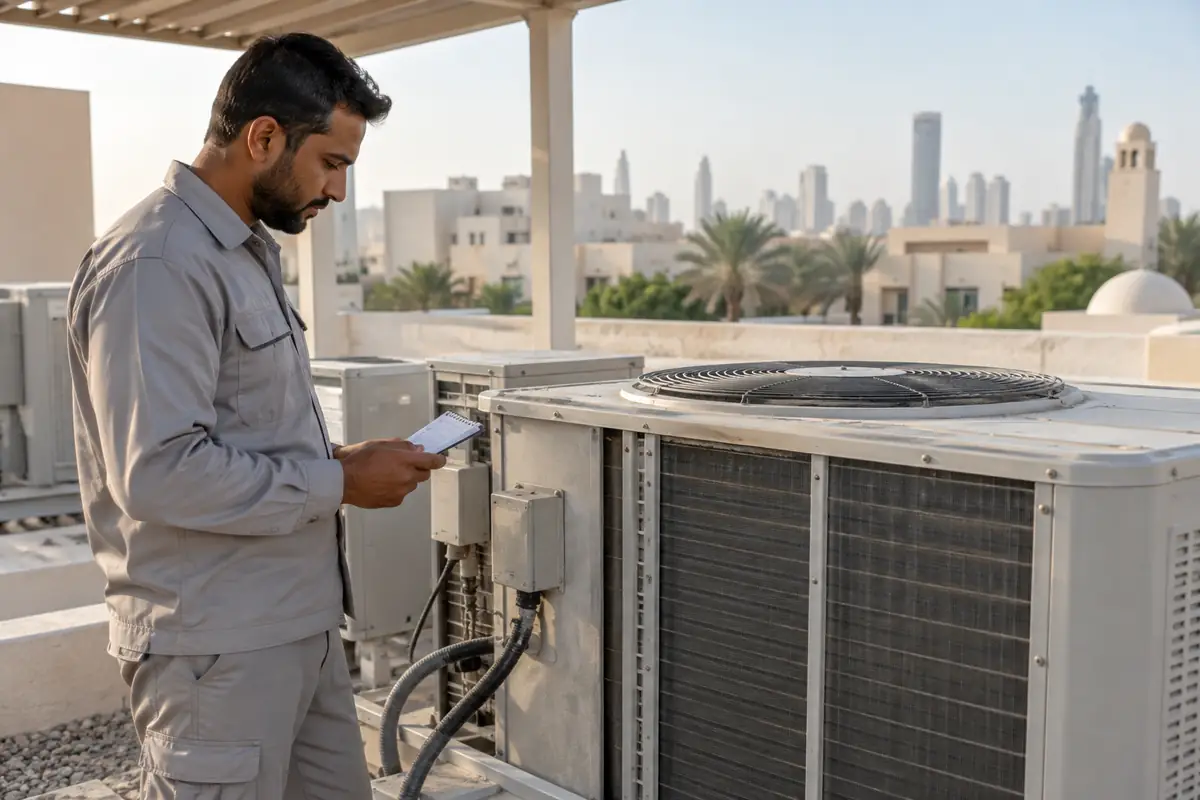 Male AC technician reviewing a rooftop condenser and its maintenance history in Dubai