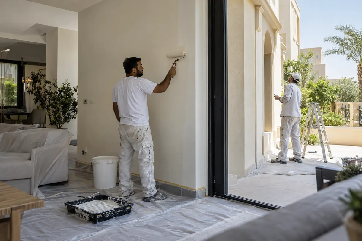 Two male painters working on interior and exterior surfaces of the same Dubai villa painting project