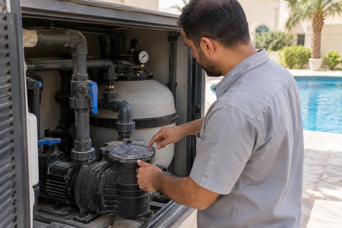 Male pool technician checking a pump strainer basket and filter pressure gauge at a Dubai villa