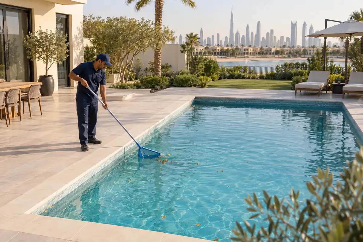Male pool-care professional skimming leaves from a private villa swimming pool in Dubai