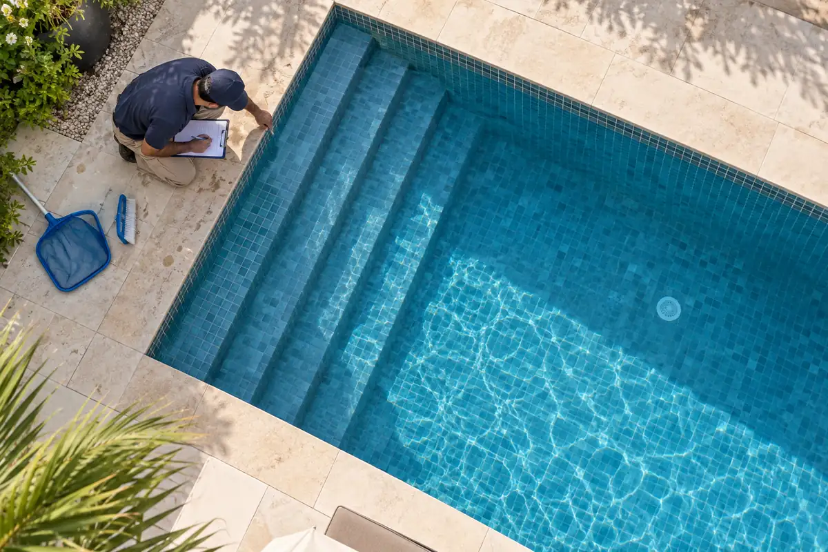 Male pool professional recording maintenance observations beside a Dubai villa swimming pool