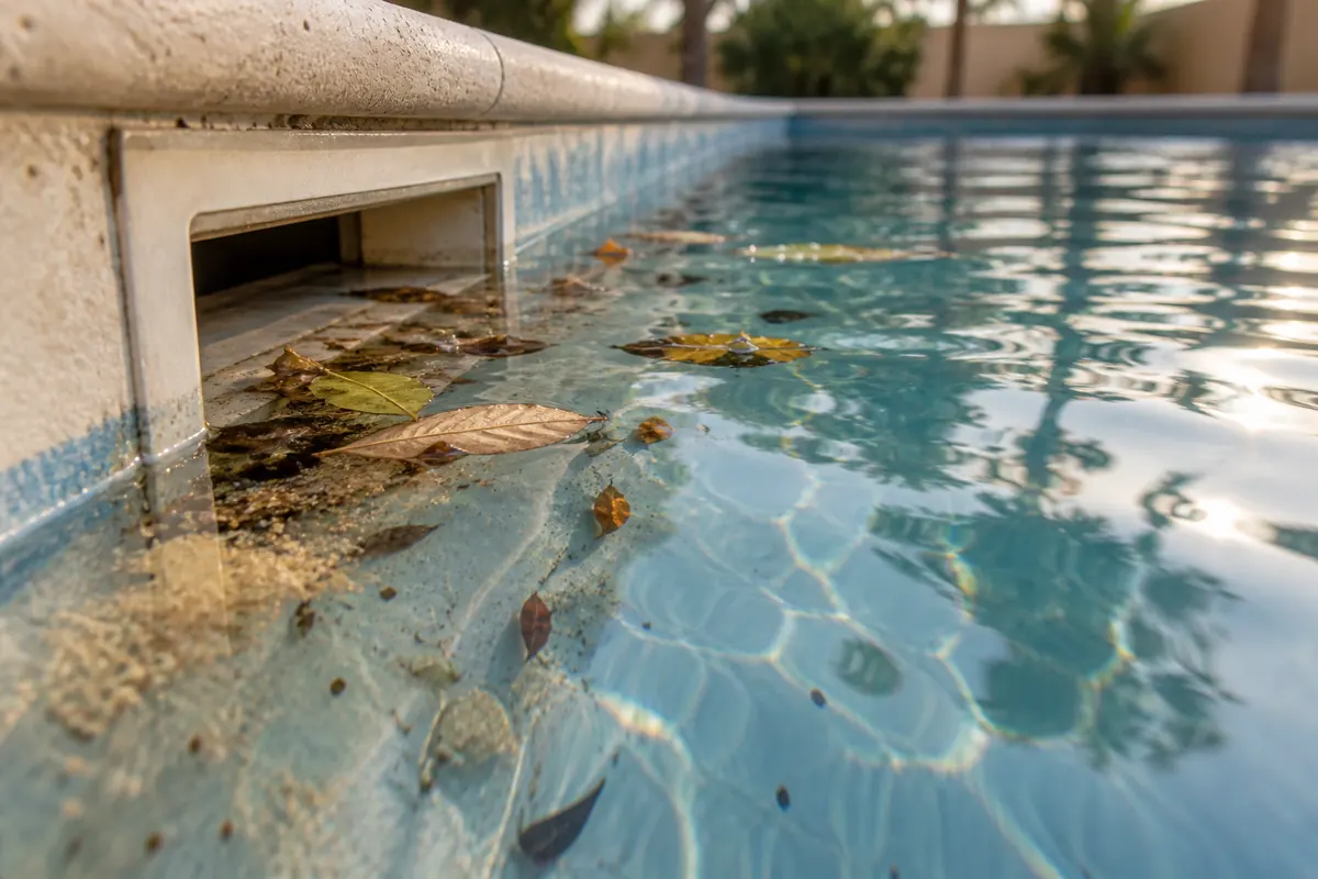 Leaves, fine sand and dust gathered beside a residential swimming-pool skimmer opening in Dubai