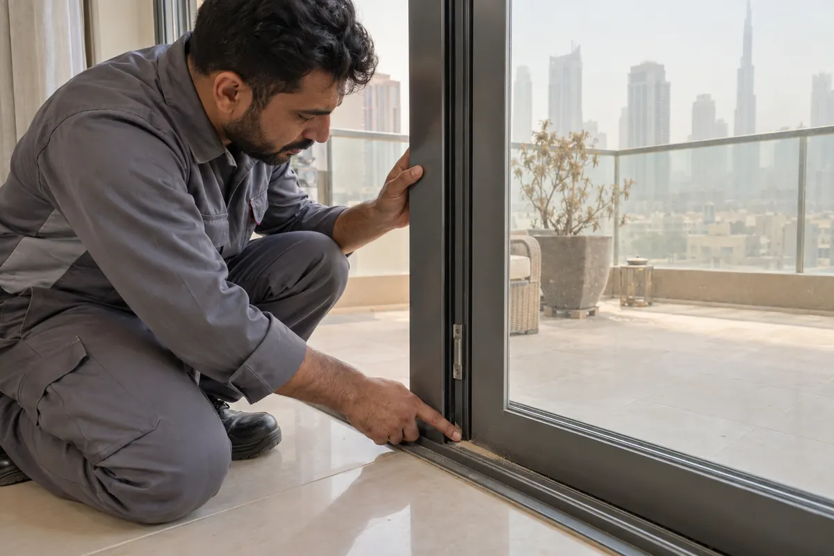 Male maintenance professional inspecting dust ingress and the lower seal of a Dubai apartment balcony sliding door after a sandstorm
