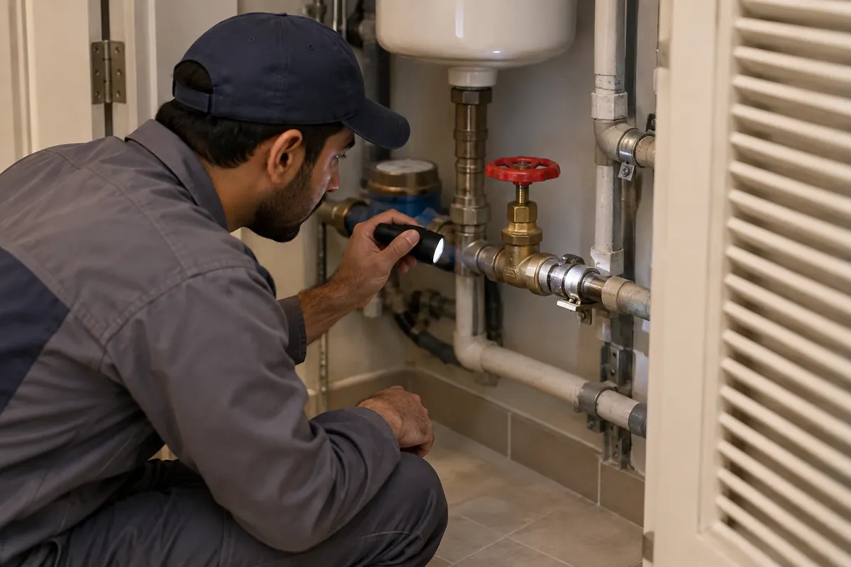 Male maintenance professional using a flashlight to inspect a main water valve and pipe connection before a Dubai villa is left vacant