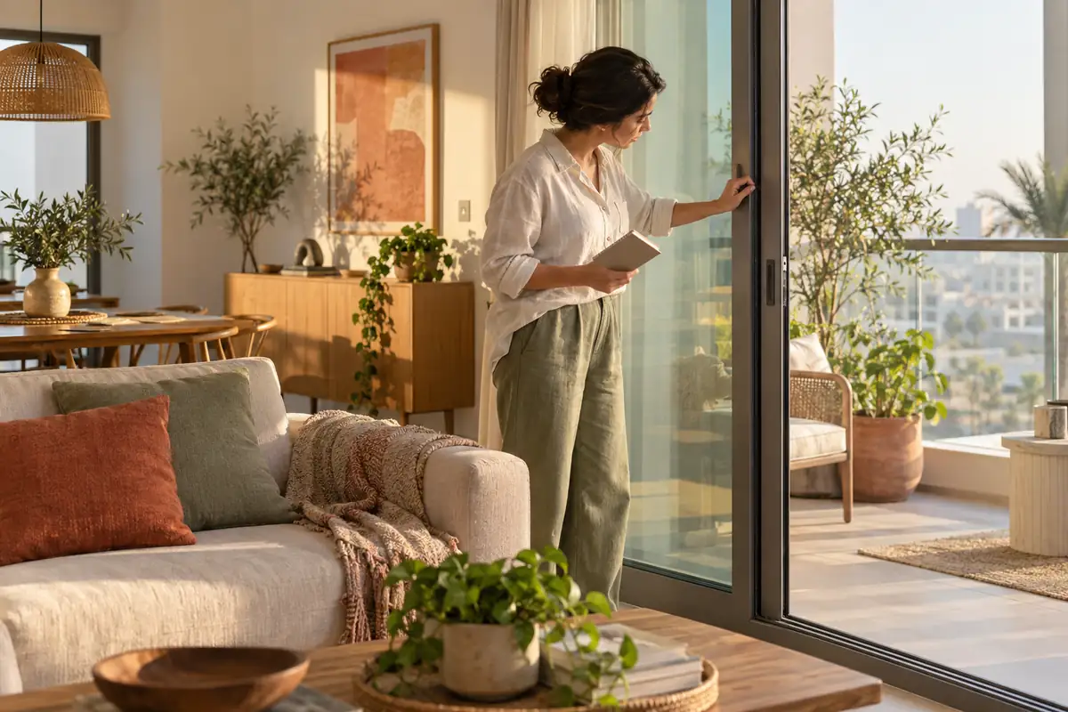 Homeowner checking a balcony door seal during a preventive maintenance walkthrough