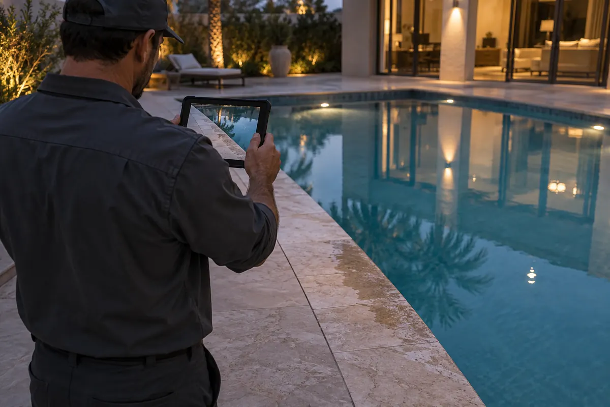 Male pool professional photographing a damp pool edge with a tablet at a Dubai villa during an evening inspection