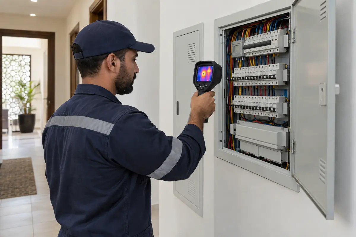 Male electrician using a thermal camera to assess a residential breaker panel in a Dubai villa